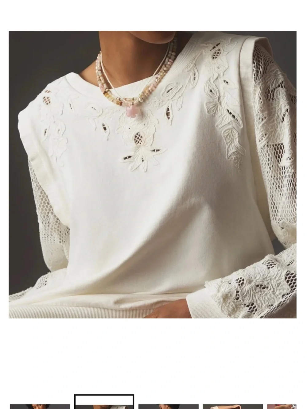 Anthropologie Cream Crochet-Sleeve Embroidered Sweatshirt